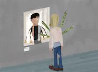 a cartoon of a girl looking at a painting