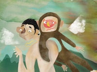 an illustration of a man carrying a monkey on his back
