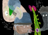 a drawing of a man with a hat and a plant