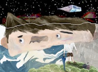 an illustration of a man standing on a hill with an umbrella