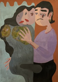 a painting of two women hugging each other
